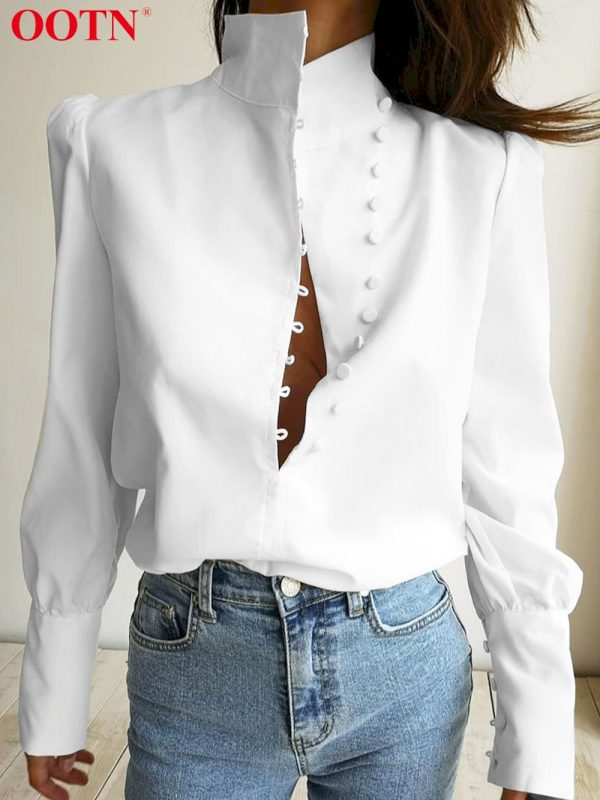 Blusas blanca de cuello alto para mujer