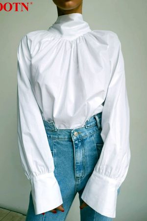 Blusas blanca de cuello alto para oficina para mujer