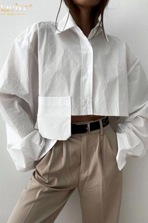 Blusas blanca de manga larga para mujer