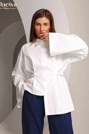 Blusas blancas de manga larga con solapa para mujer