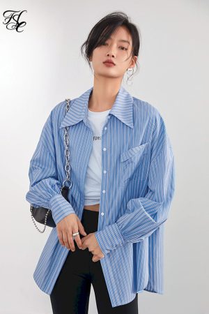 Blusas informal a rayas azules de gran tamaño para mujer