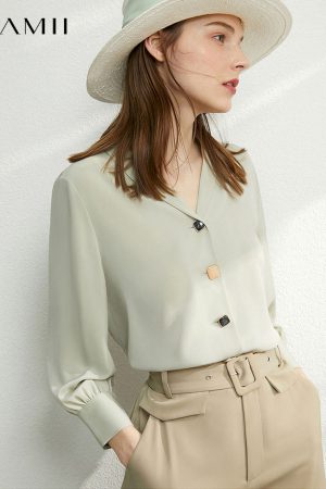 Blusas minimalistas de gasa con cuello de pico para mujer