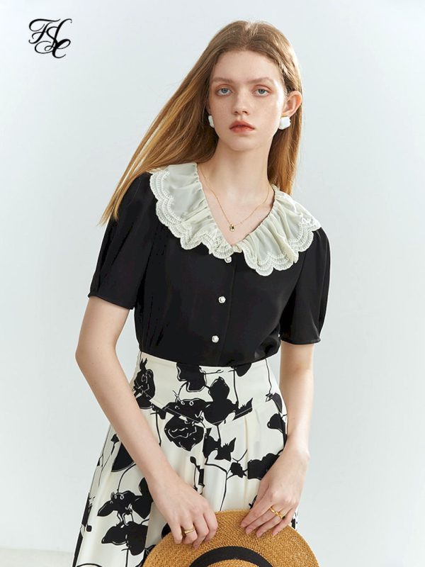 Camisa con cuello de hoja de loto francés para mujer