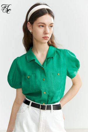 Camisa de lino francés de manga corta para mujer