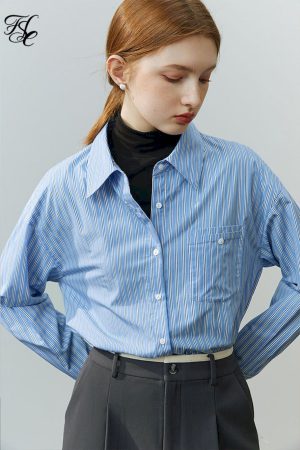 Camisa de rayas verticales únicas coreanas para mujer