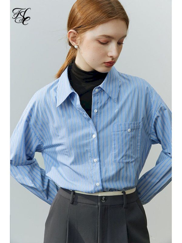 Camisa de rayas verticales únicas coreanas para mujer