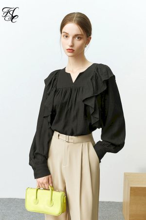 Camisa francesa con borde de hongo suave para mujer