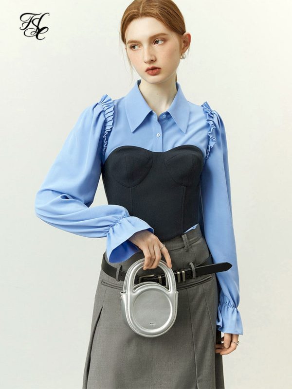 Camisa francesa retro con borde de hongo para mujer