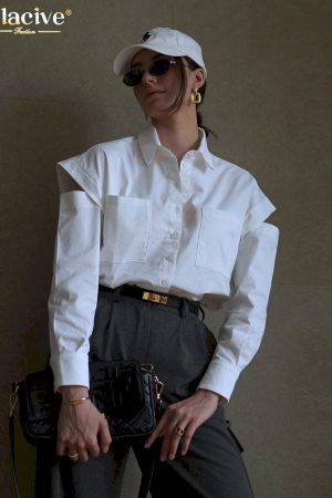 Camisa holgada de manga larga con solapa para mujer