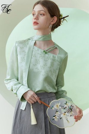 Camisa jacquard verde claro de estilo chino para mujer