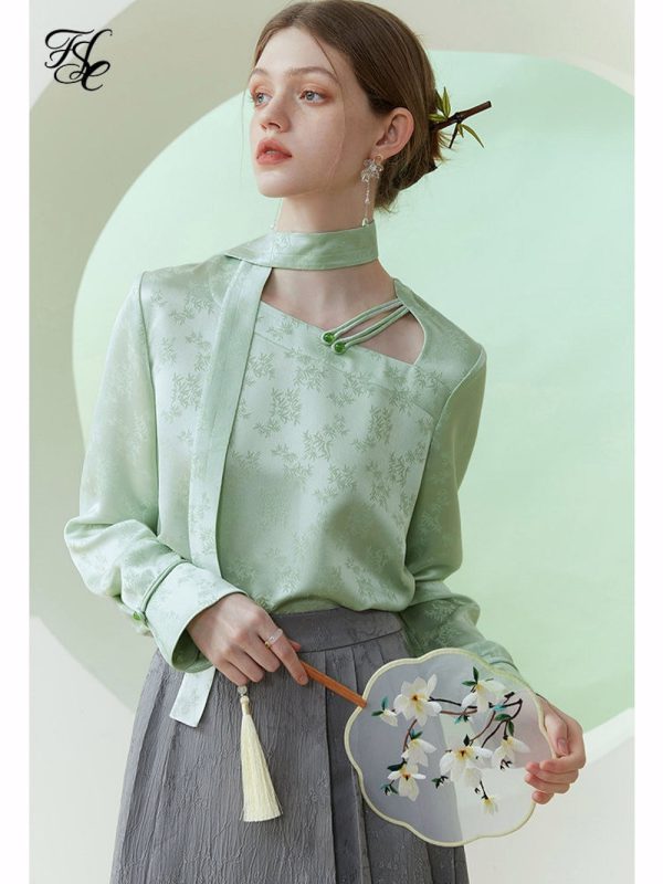 Camisa jacquard verde claro de estilo chino para mujer