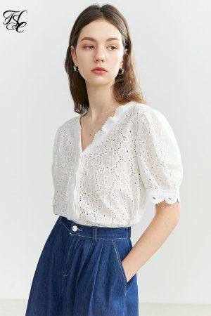 Camisas de algodón bordadas con agujeros para mujer