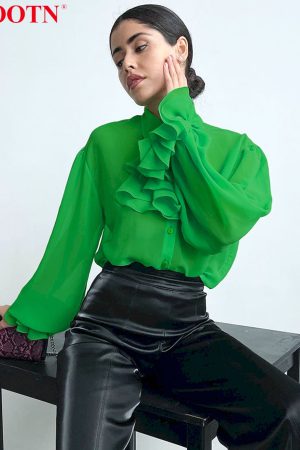 Camisas de gasa verde para oficina para mujer