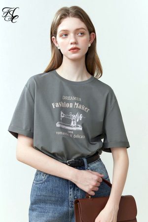 Camisetas de algodón con estampado simple para mujer