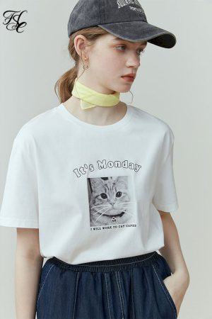 Camisetas de manga corta con estampado de gato para mujer