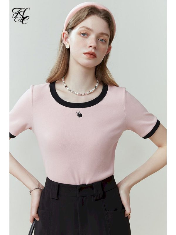Camisetas de punto con cuello redondo para mujer