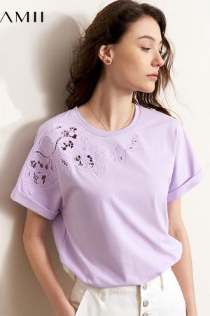 Camisetas minimalistas para mujer.udal Blusas de algodón de manga corta con cuello redondo