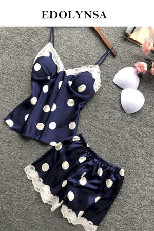 Conjuntos de pijamas cortos de satén con estampado de lunares para mujer