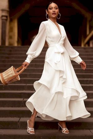 Elegante Vestidos blanco elegante con cuello en v para mujer