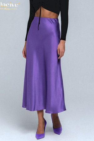 Faldas de seda satinada púrpura para mujer. la moda de cintura alta Faldas larga