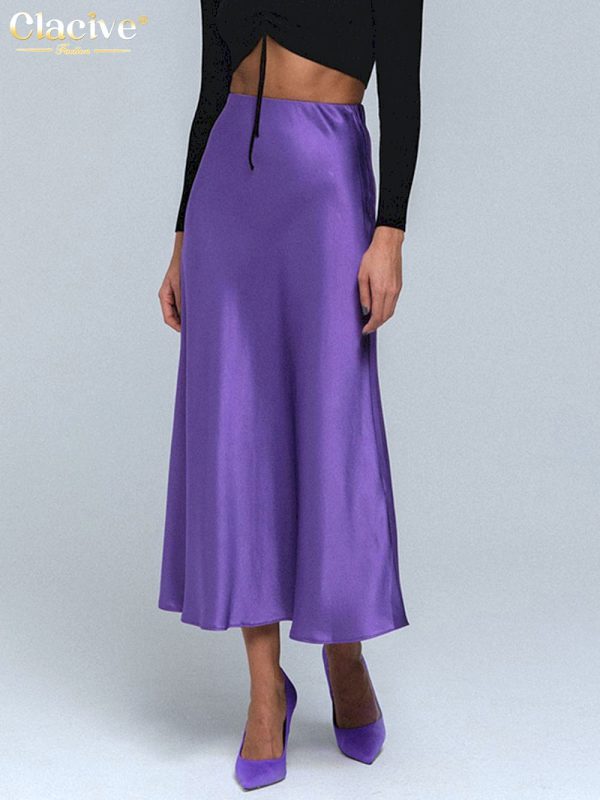 Faldas de seda satinada púrpura para mujer. la moda de cintura alta Faldas larga