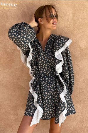 Holgado Vestidos cortos de manga larga con cuello en v para mujer