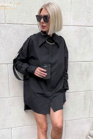 Mini Vestidos negro holgado de manga larga con solapa para mujer