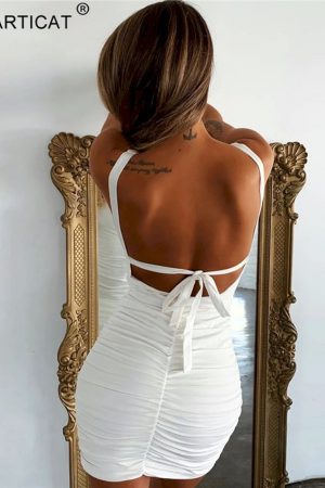 Mini Vestidos plisado con tirantes finos para mujer