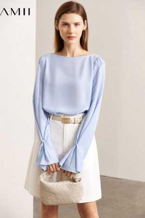 Minimalism blouse for women spring fashion solid niche office lady shirt flare sleeve blouses pullov