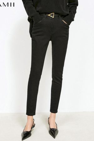 Minimalismo invierno jeans para las mujeres de cintura alta pantalones de lápiz streetwear espesar c