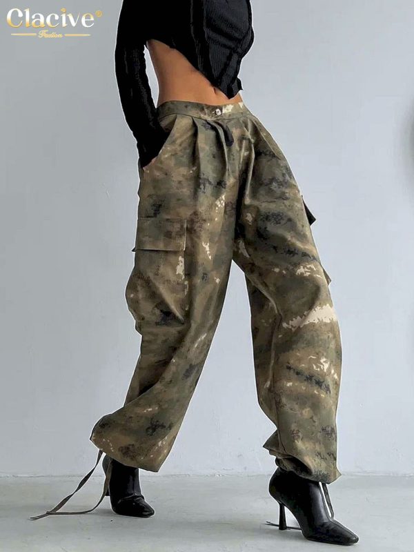 Pantalones holgados vintage con estampado de camuflaje para mujer