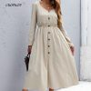 Primavera otoño mujer manga larga Vestidos casual con cuello en v gran dobladillo fiesta midi Vestid