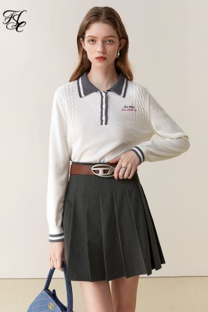 Suéteres deportivo vintage con cuello tipo polo para mujer
