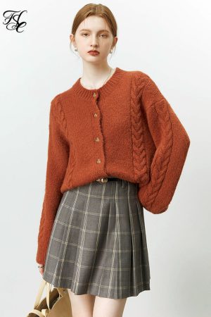 Suéteres retro de lana con cuello redondo para mujer
