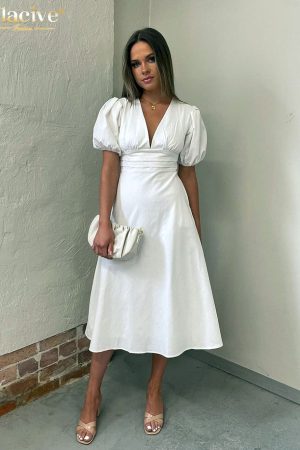 Vestidos blanco con escote en v para mujer