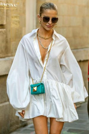 Vestidos blanco holgado con manga abullonada para mujer