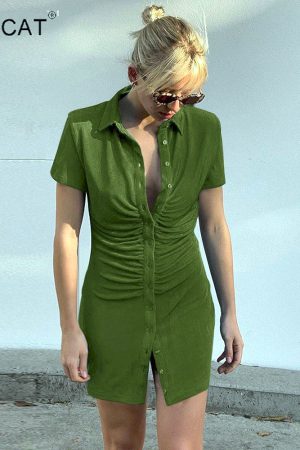 Vestidos camisero fruncido con cuello vuelto para mujer