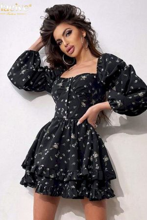 Vestidos cortos ajustado de manga larga con cuello cuadrado para mujer