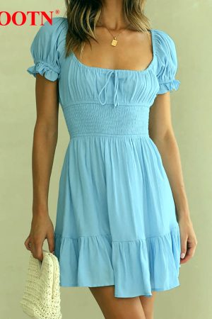 Vestidos cortos azul con mangas abullonadas para mujer