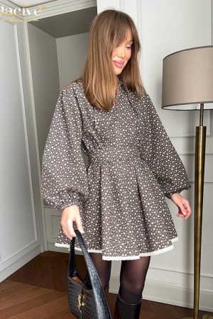 Vestidos cortos holgado con manga abombada y cuello en v para mujer