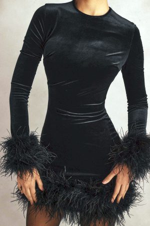 Vestidos de fiesta de plumas negras para mujer