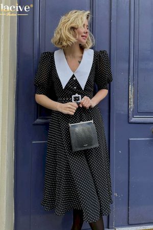 Vestidos de oficina de manga corta con solapa para mujer