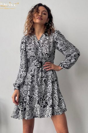 Vestidos de oficina de manga larga con cuello en v para mujer