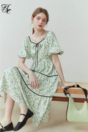 Vestidos floral verde francés para mujer