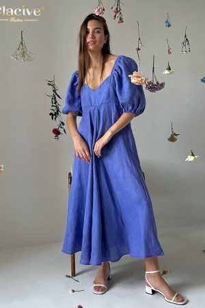 Vestidos holgado de lino azul para mujer