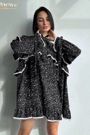 Vestidos holgado de manga larga con cordones para mujer