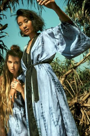 Vestidos largos estilo kimono para mujer. rayas con túnica larga teñido anudado