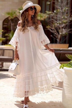 Vestidos largos plisado vintage de algodón para mujer