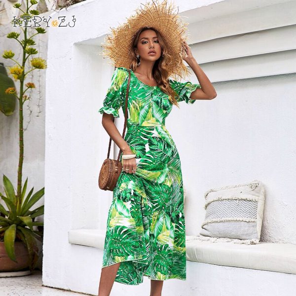 Vestidos largos verde elegante con estampado floral para mujer