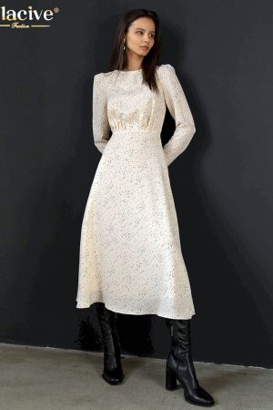 Vestidos midi ajustado de manga larga con cuello redondo para mujer